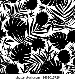 Rudbecia chrysanthemum flowers and palm tropical leaves on a seamless black and white background. Drawing herbs. Decorative cards, Wallpapers, textiles, holidays: Birthday, wedding, summer discounts