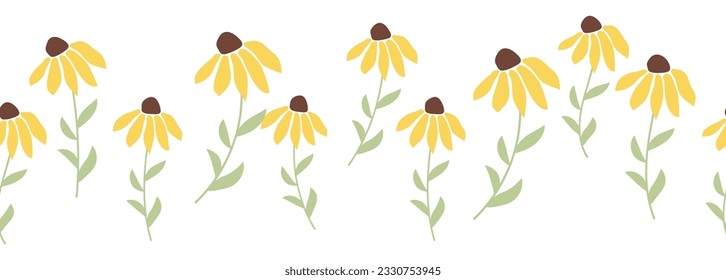 Rudbeckia chamomile Asteraceae horizontal border seamless pattern