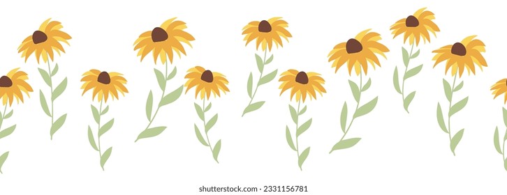 Rudbeckia chamomile Asteraceae horizontal border seamless pattern