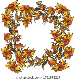 Rudbeckia flowers are bright yellow on a white background. A wreath of yellow flowers with butterflies. Pattern for printing postcards and greetings.