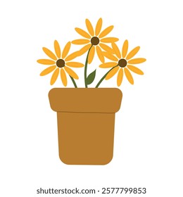 Rudbeckia flowers in a flower pot. Garden bouquet with yellow daisies. Vector illustration, flat style.