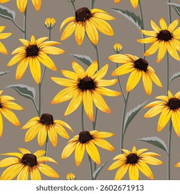 Rudbeckia flowers on soft background. Floral background, seamless pattern for textile, wrapping paper