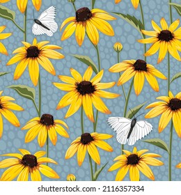 Rudbeckia and Green Veined White butterfly. Bright floral summer background, seamless pattern for textile, wrapping paper.