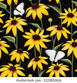 Rudbeckia and Green Veined White butterfly on a dark backgroung. Contrast floral summer background, seamless pattern for textile, wrapping paper