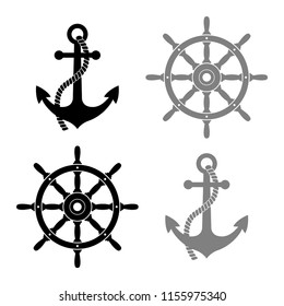 Rudder and anchor vector icons on white background