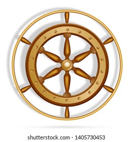 Rudder boat. Ship Wheel in realistic style. Metal, wooden with gold trim. Marine equipment for navigation. Retro. Isolated on white background, vector illustration.