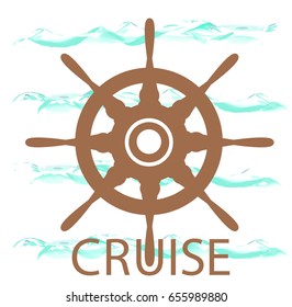 Rudder icon, Cruise inscription, vector illustration with sea waves for prints, banners.