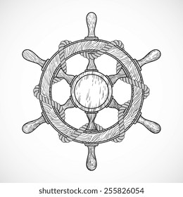 rudder with rope, hand drawn sketched doodle style, isolated vector illustration emblem on a white background.