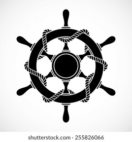 rudder with rope, silhouette style, isolated vector illustration icon on a white background.