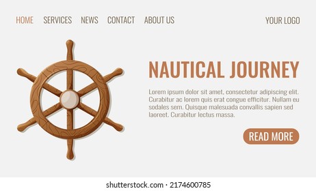 Rudder, ship steering wheel, light web template, vector illustration in cartoon nautical marine style. Travel by sea, ocean, cruise. For banner, poster, website interface, advertising.