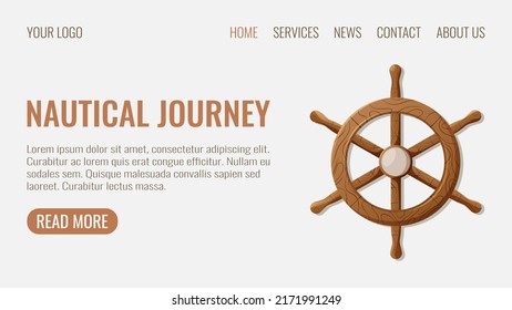 Rudder, ship steering wheel, web template, vector illustration in nautical marine style. Travel by sea, ocean, cruise. For banner, poster, website interface, advertising