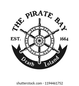 Rudder wheel vector pirate emblem in monochrome vintage style isolated on white background