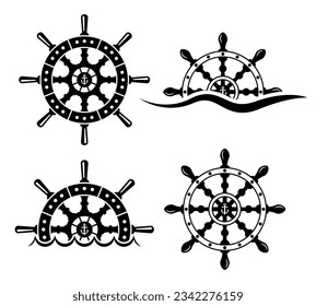 Rudderräder-Set von Vektorobjekten oder Designelementen in schwarzem Stil einzeln auf Weiß