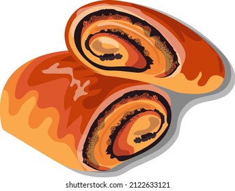 Ruddy buns with poppy seeds, lying on top of each other, vector image isolated on white background