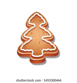 ruddy Christmas tree with cream and crisp, festive pastries, vector icon isolated on white background, sticker and print for printing smiling cookies, happy emoticon eps 10 xmas