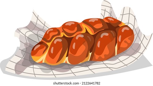 Ruddy and golden bun in the form of a pigtail, pastries, lies on a towel, vector image isolated on white background