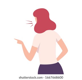 Rude Angry Woman Character Yelling and Pointing with Her Finger, View From Behind Flat Vector Illustration