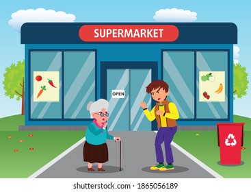 The rude behavior of a boy towards an old woman in front of a Supermarket