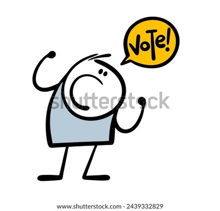Rude boss shouts, sends him to vote for the president in the elections. Vector illustration of a strict character, waving his fists, opened his mouth. Isolated stickman hand drawn on white background.