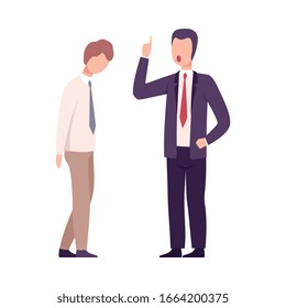 Rude Boss Threatening and Yelling to Male Office Worker, Frightened Employee Shocked by Furious Manager, Stressful Working Environment Flat Vector Illustration