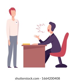 Rude Boss Threatening and Yelling to Male Office Worker, Stressful Working Environment Flat Vector Illustration