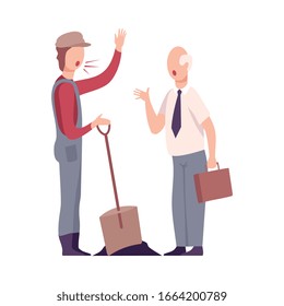 Rude Boss Threatening and Yelling to Male Worker, Stressful Working Environment Flat Vector Illustration