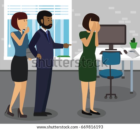 Rude boss threatening and yelling, pointing finger at his employee. Give notice, to fire, be dismissed, get sacked, bossing, mobbing and bullying on workplace concepts illustration vector.

