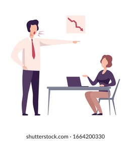 Rude Boss Yelling to Female Office Worker, Stressful Working Environment Flat Vector Illustration