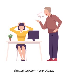 Rude Boss Yelling to Office Worker, Stressful Working Environment Flat Vector Illustration