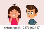 
Rude Boy Annoying Little Sister Being Ignored Vector Cartoon Illustration.  Bad misbehaving friend teasing a girl exasperated with his childish antics 
