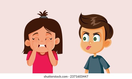 
Rude Boy Annoying Little Sister Being Ignored Vector Cartoon Illustration.  Bad misbehaving friend teasing a girl exasperated with his childish antics 
