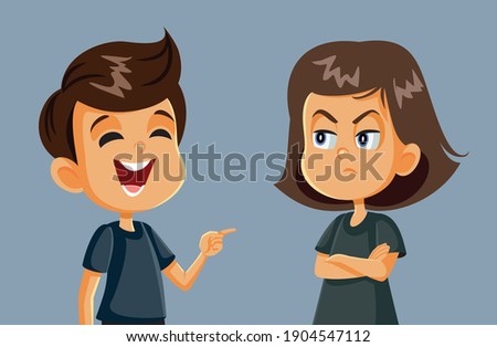 Rude Boy Laughing at an Angry Girl. Bully schoolmate making fun of another student
 [[stock_photo]] © 