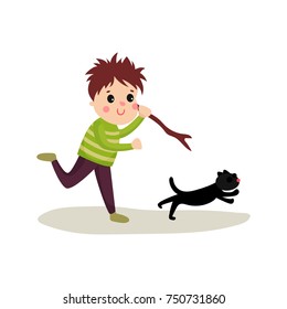 Rude boy running after cat with stick in his hand, cartoon bad kid character
