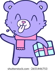 urso de desenho animado rude com presente na cor neon brilhante