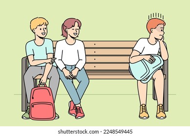 Rude children make fun of lonely boy kid. Schoolchildren bullying child sitting separate on bench. School mockery and discrimination. Vector illustration. 