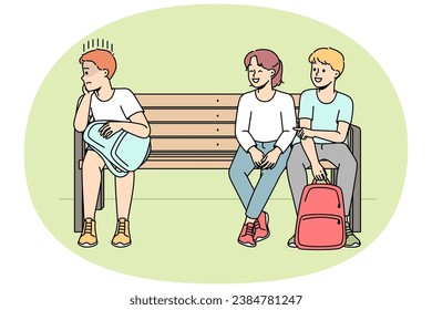 Rude children make fun of lonely boy kid. Schoolchildren bullying child sitting separate on bench. School mockery and discrimination. Vector illustration.