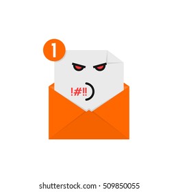 rude emoji in orange letter notification. concept of newsletter, spam, negative e-mail, mood, communication, offense, quarrel, furious. flat style trend modern logo graphic design on white background