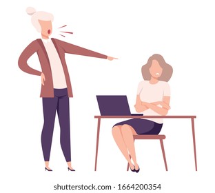 Rude Female Boss Threatening and Yelling to Female Office Worker, Frightened Employee Shocked by Furious Manager, Stressful Working Environment Flat Vector Illustration