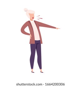 Rude Female Office Worker Character Threatening, Yelling and Pointing with Her Finger Flat Vector Illustration