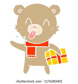 rude flat color style cartoon bear with present