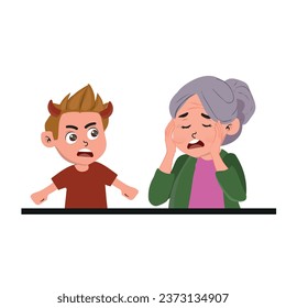 Rude Misbehaving Grandson Annoying his Grandmother Vector Cartoon. Terrible evil grandchild making babysitting granny annoyed and tired