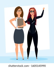rude motorcyclist woman and businesswoman vector illustration design