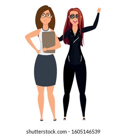 rude motorcyclist woman and businesswoman vector illustration design