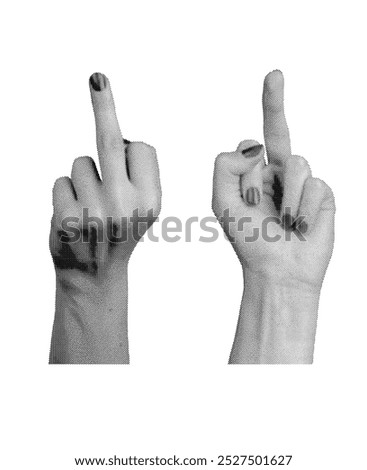 Rude offensive gesture, middle finger symbol, hand sign. Halftone style vector isolated on white background.