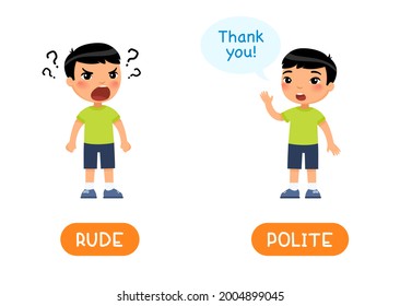 RUDE and POLITE antonyms word card, Opposites concept. Flashcard for English language learning. Little Asian boy shouts angrily, calm child asks