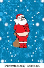 Rude Santa Claus with his belly outside and hiding his bag of Christmas gifts. Vector illustration for New Year and Merry Christmas greeting card, poster, leaflet, web, banner.