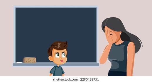 
Rude Student Stressing his Teacher during Class Time Vector Illustration. Stressed teacher dealing with misbehaving little schoolboy 
