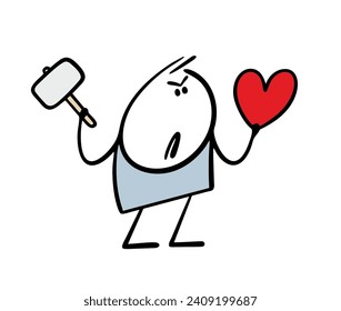 Rude, tactless cartoon man holds red heart and breaks it with hammer. Vector illustration is  symbol of unhappy love, family and relationships are collapsing. Isolated character on white background.