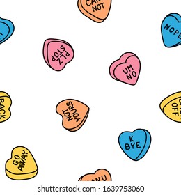Rude valentine conversation hearts, ironic candy concept seamless pattern