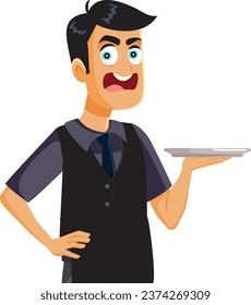 
Rude Waiter Screaming Holding an Empty Tray Vector Cartoon Illustration. Impolite hospitality worker feeling frustrated and angry
